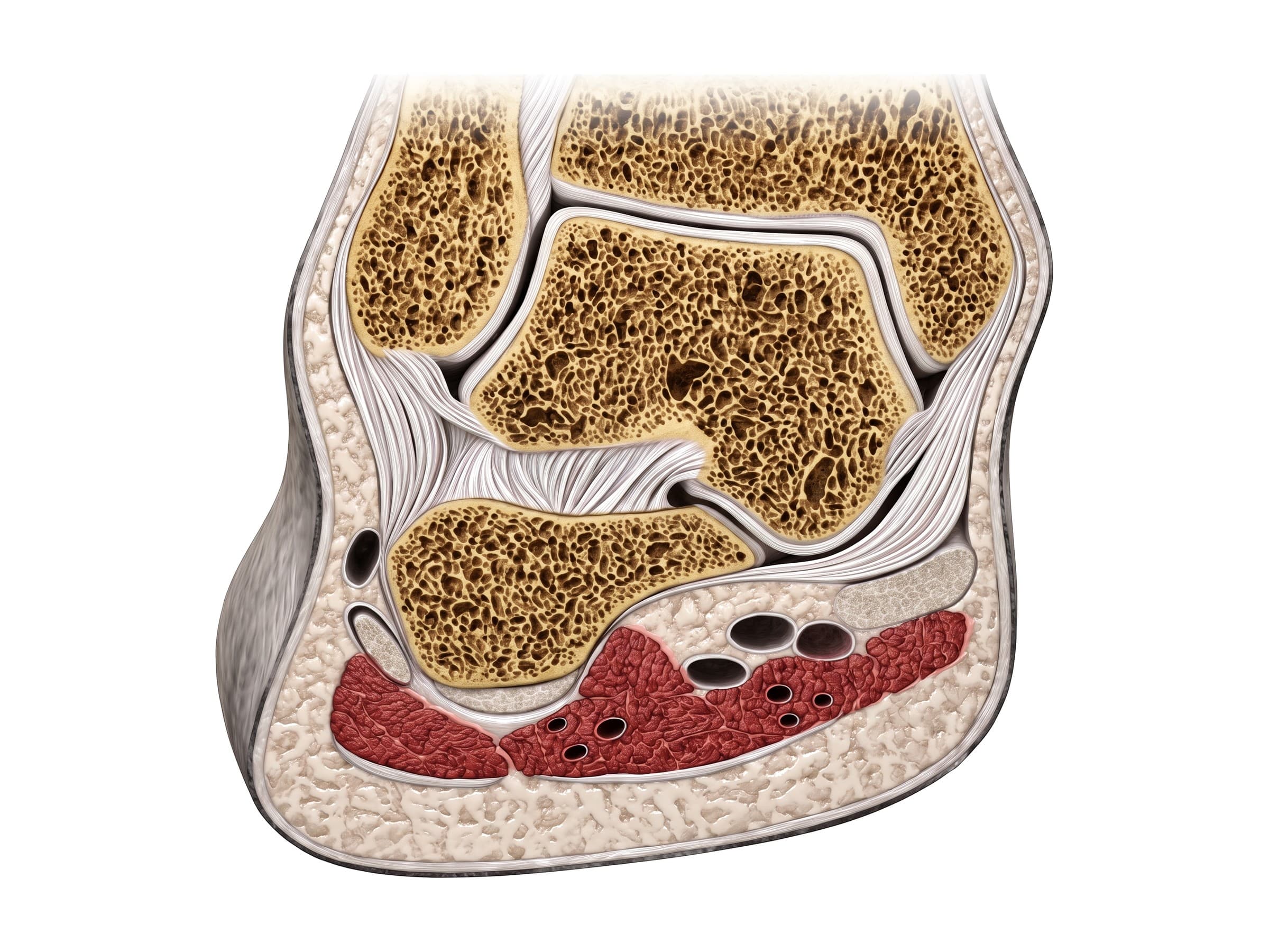 Ankle joint cross-section (coronal): tibia, fibula and talus forming the ankle mortise