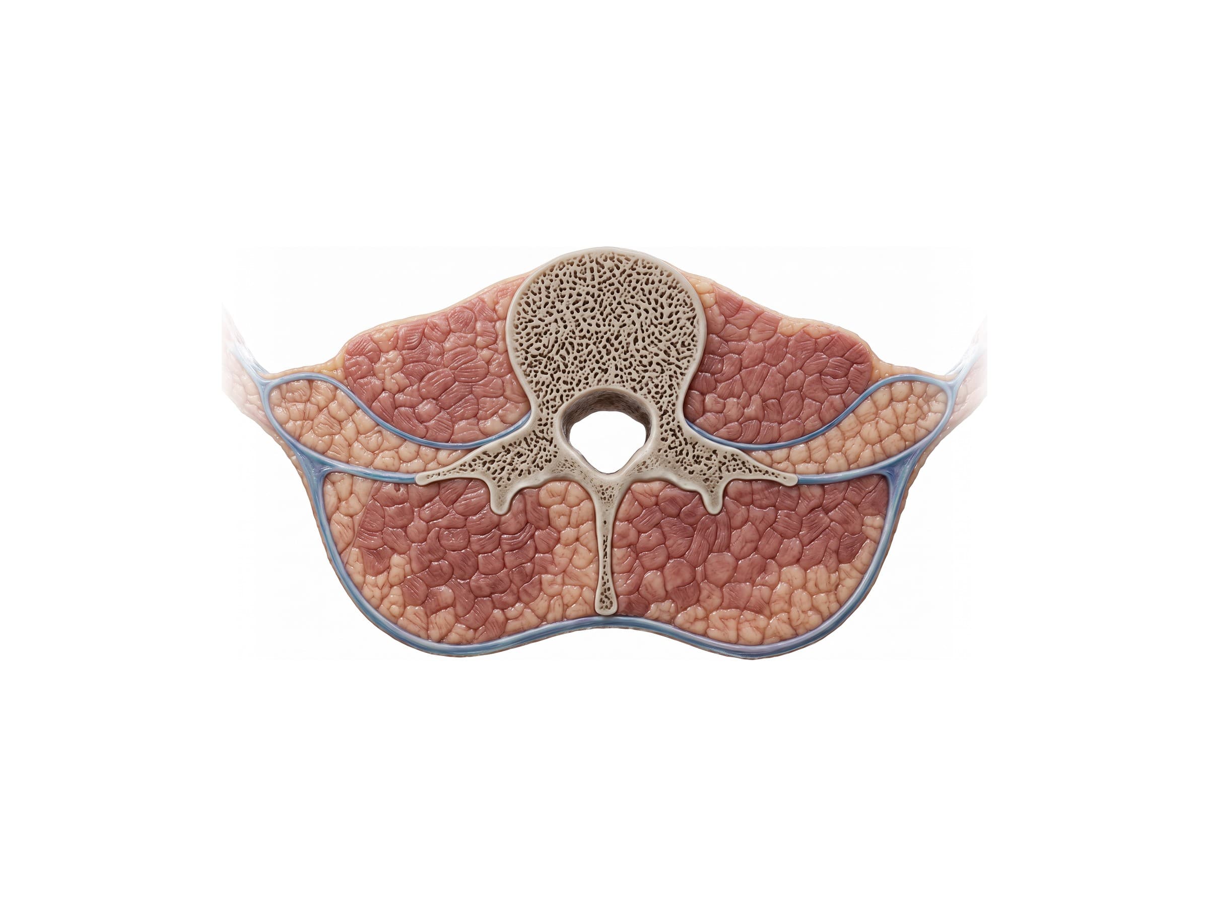Lower back cross-section: quadratus lumborum, psoas major, erector spinae and thoracolumbar fascia (lumbar level)