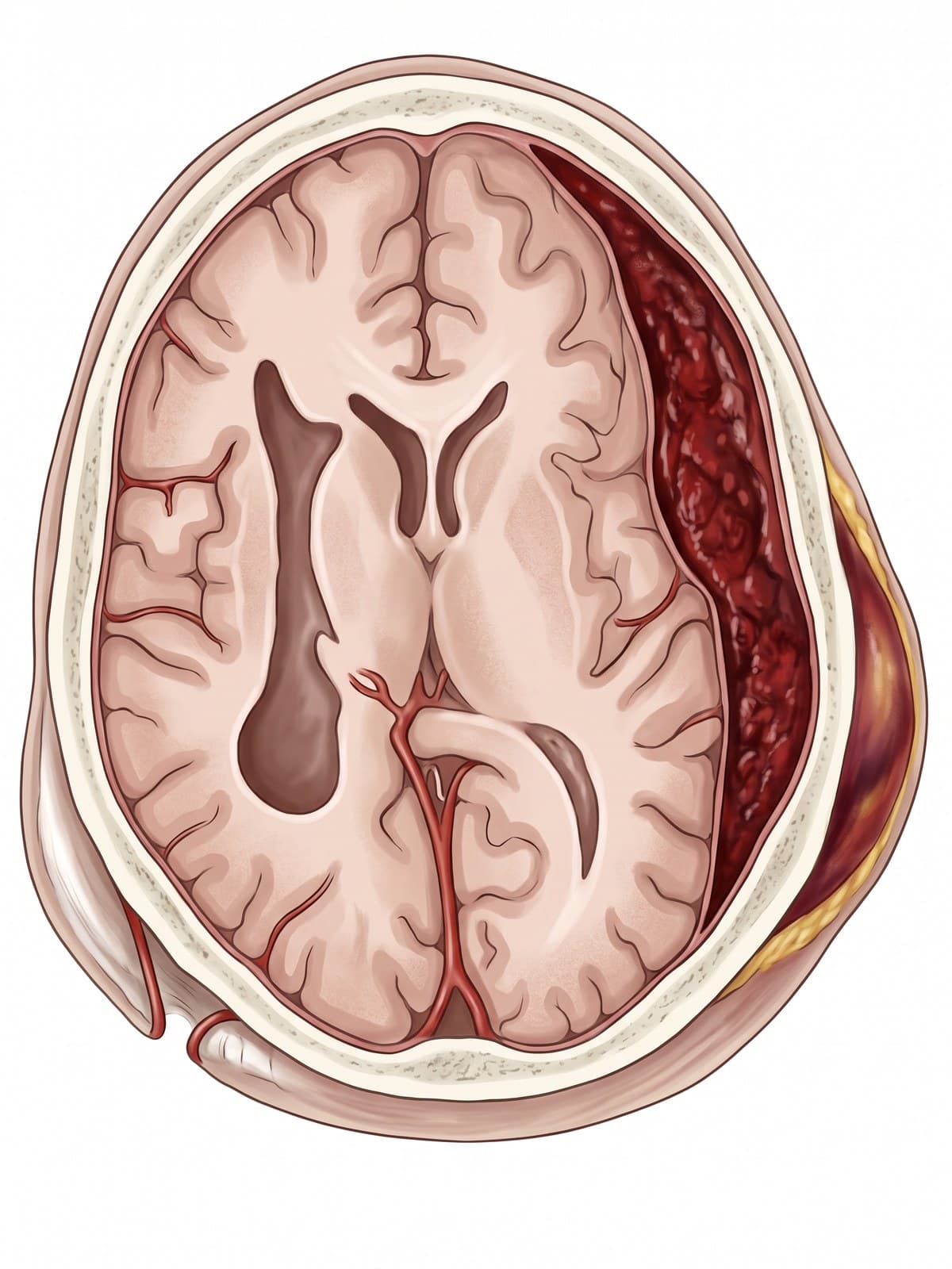 Subdural hematoma illustration traced from the same CT slice: crescent of blood compressing the hemisphere