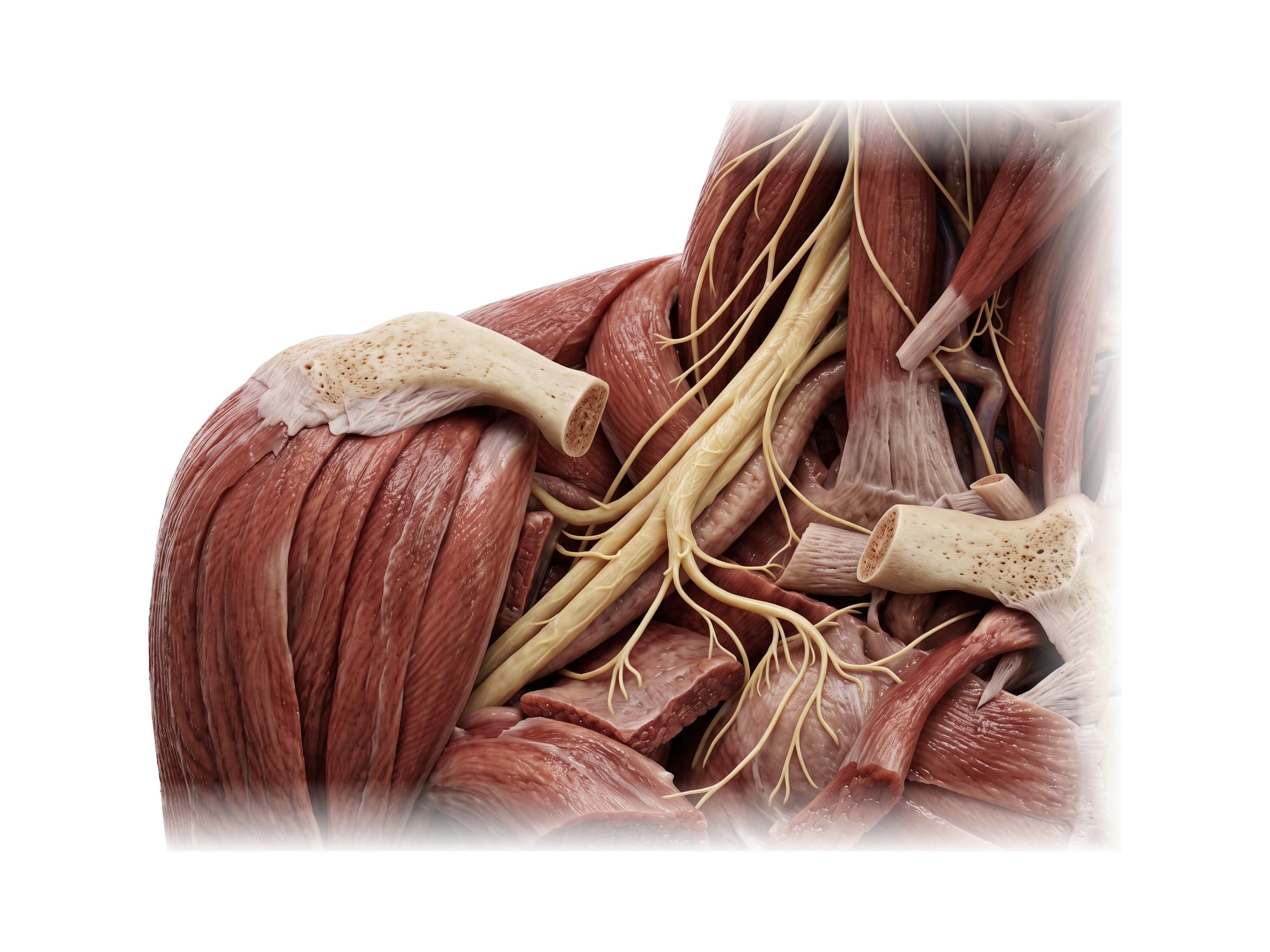 Brachial plexus (right side, front view): cervical nerve roots C5 to T1 passing under the clavicle
