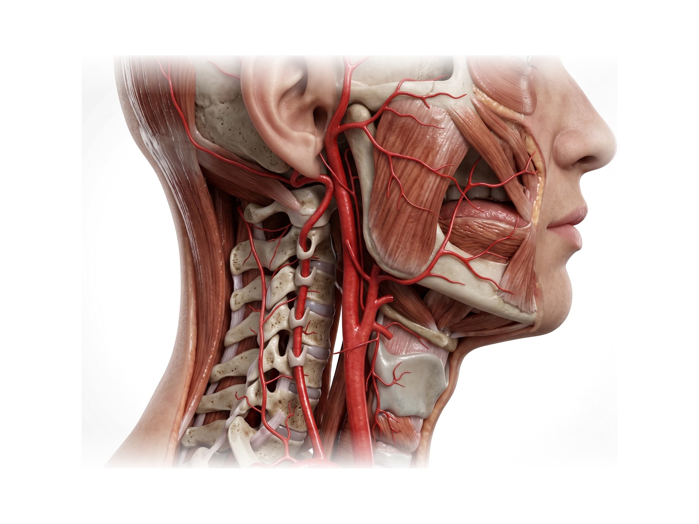 Vertebral artery (right side view) passing through the cervical vertebrae, with the carotid arteries