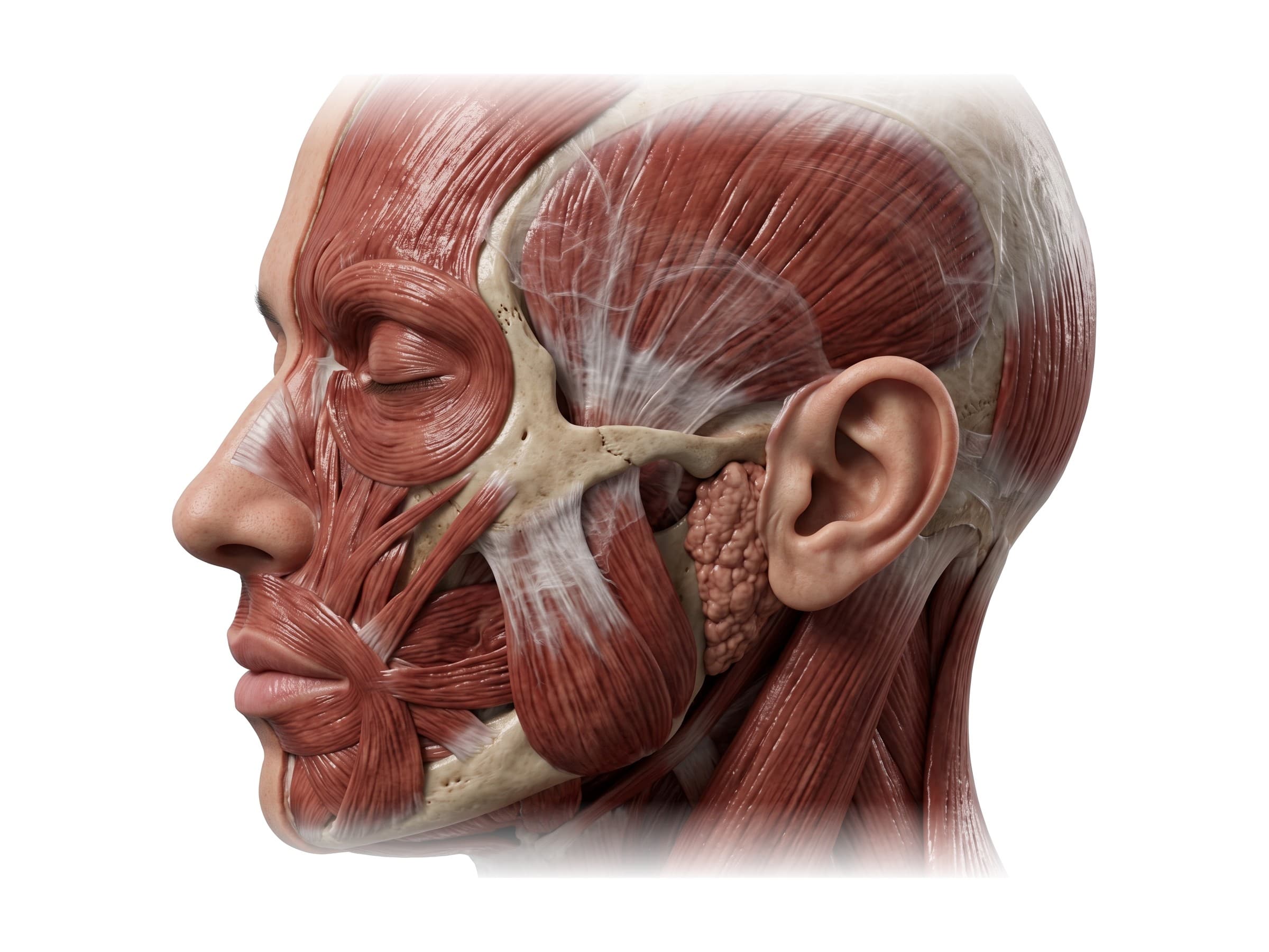 Masseter muscle and facial muscles (left side), with the parotid gland and zygomatic arch