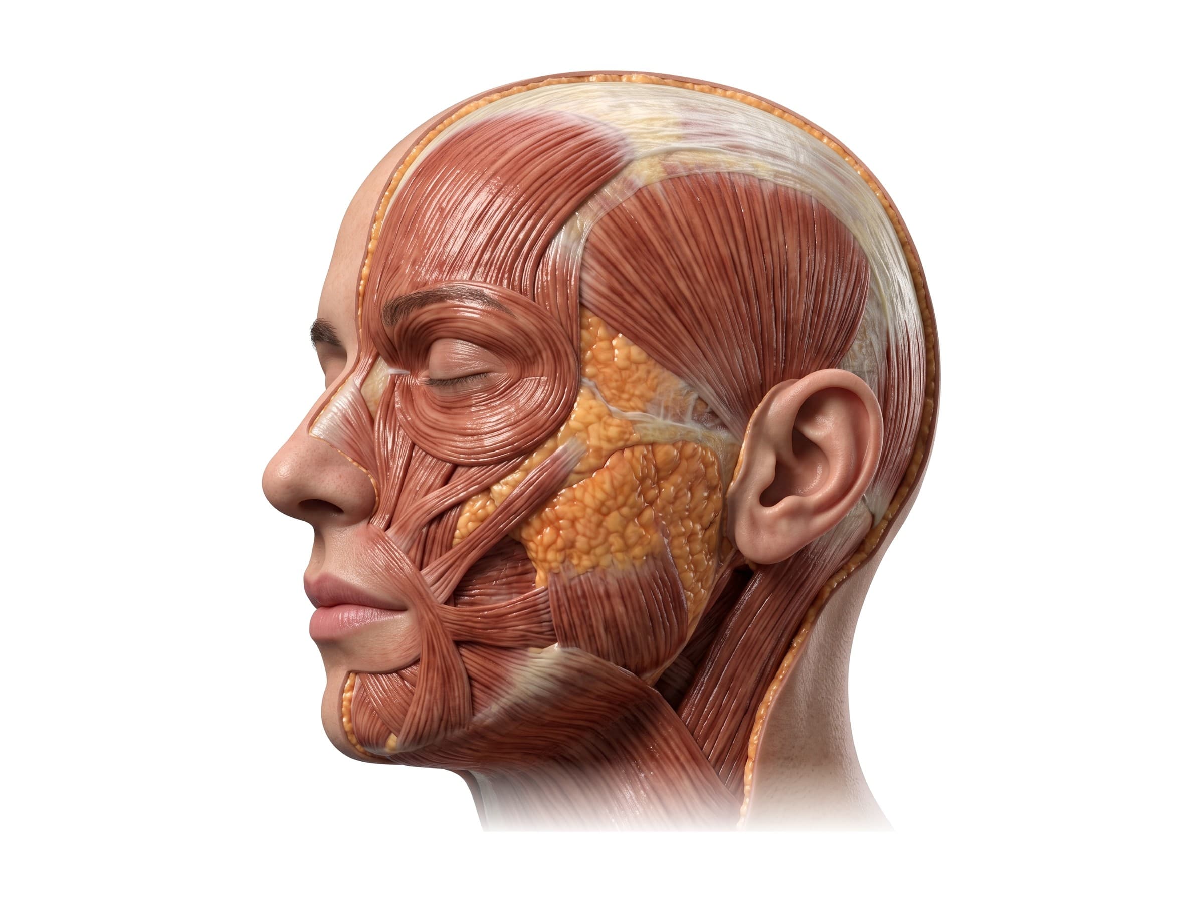 Facial muscles labeled (left side of the face): frontalis, orbicularis oculi, zygomaticus major, orbicularis oris, platysma