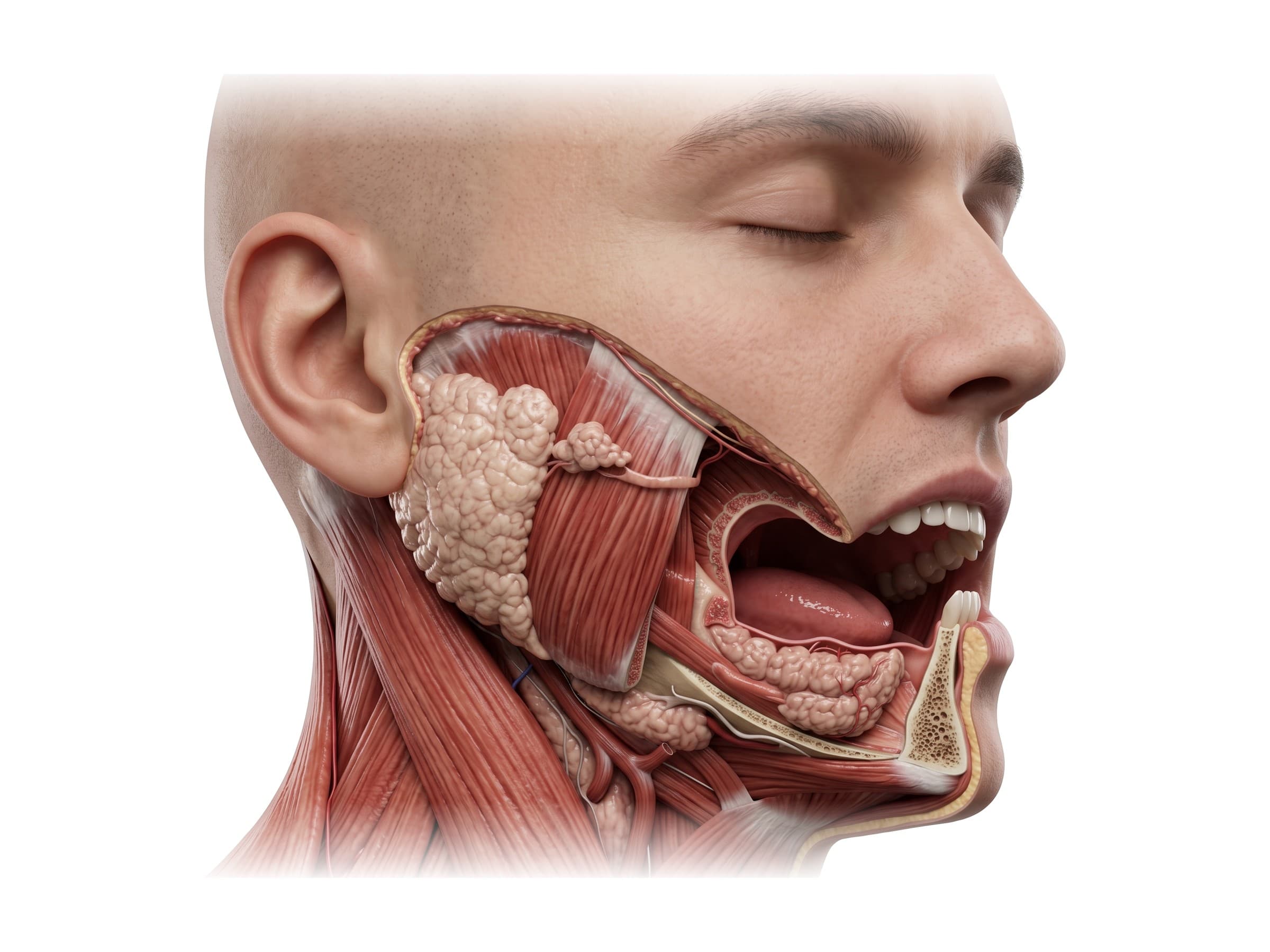 Parotid gland (right side) with the parotid duct, masseter, and the submandibular and sublingual glands