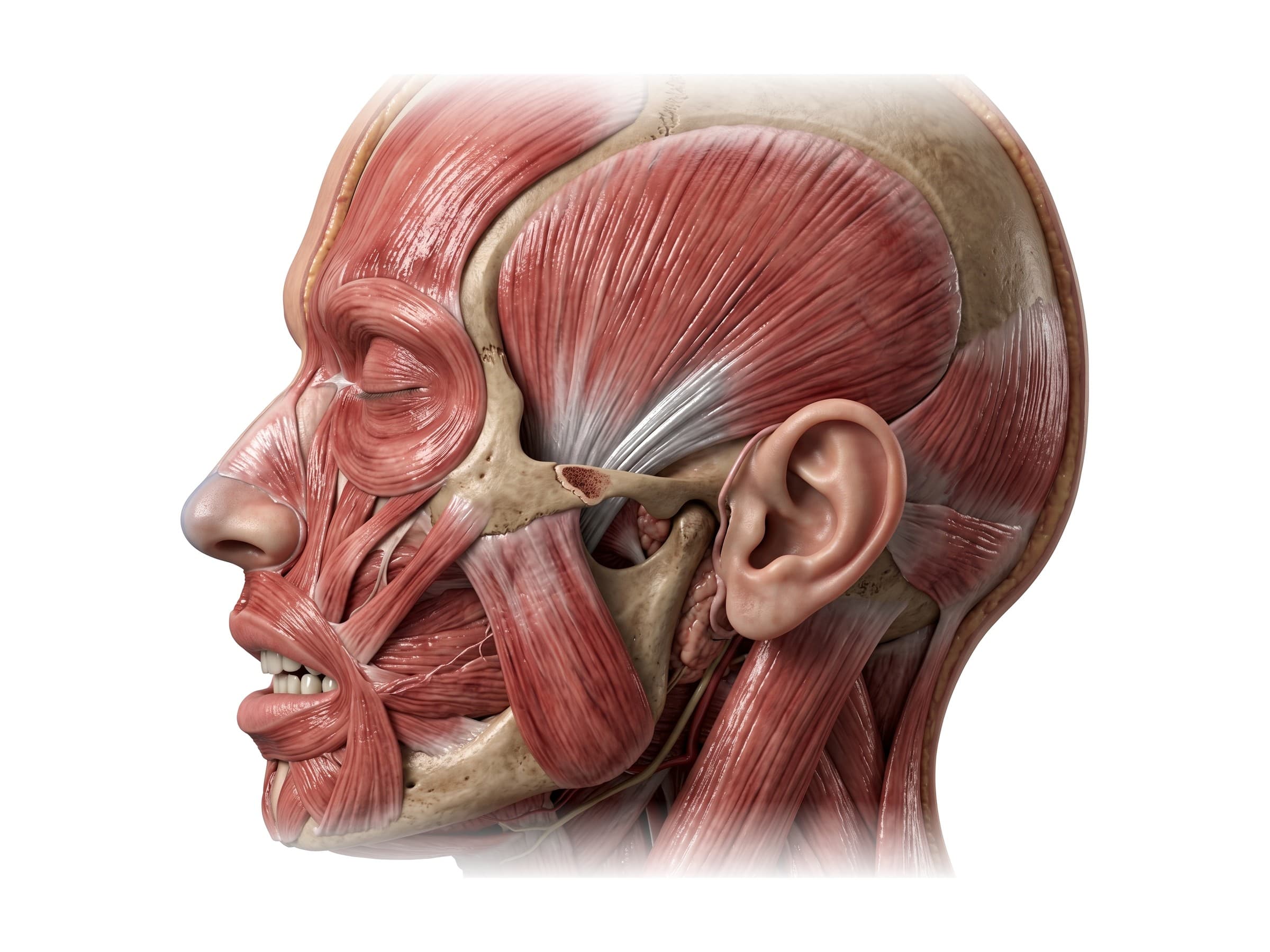Temporalis muscle (left side of the head) under the cut zygomatic arch, with the masseter and buccinator