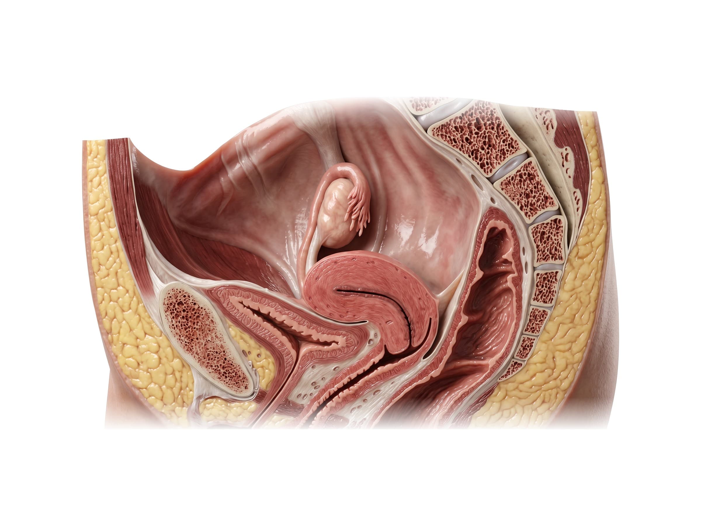 Female pelvis midsagittal section (side view): uterus, cervix, bladder, vagina, rectum and sacrum