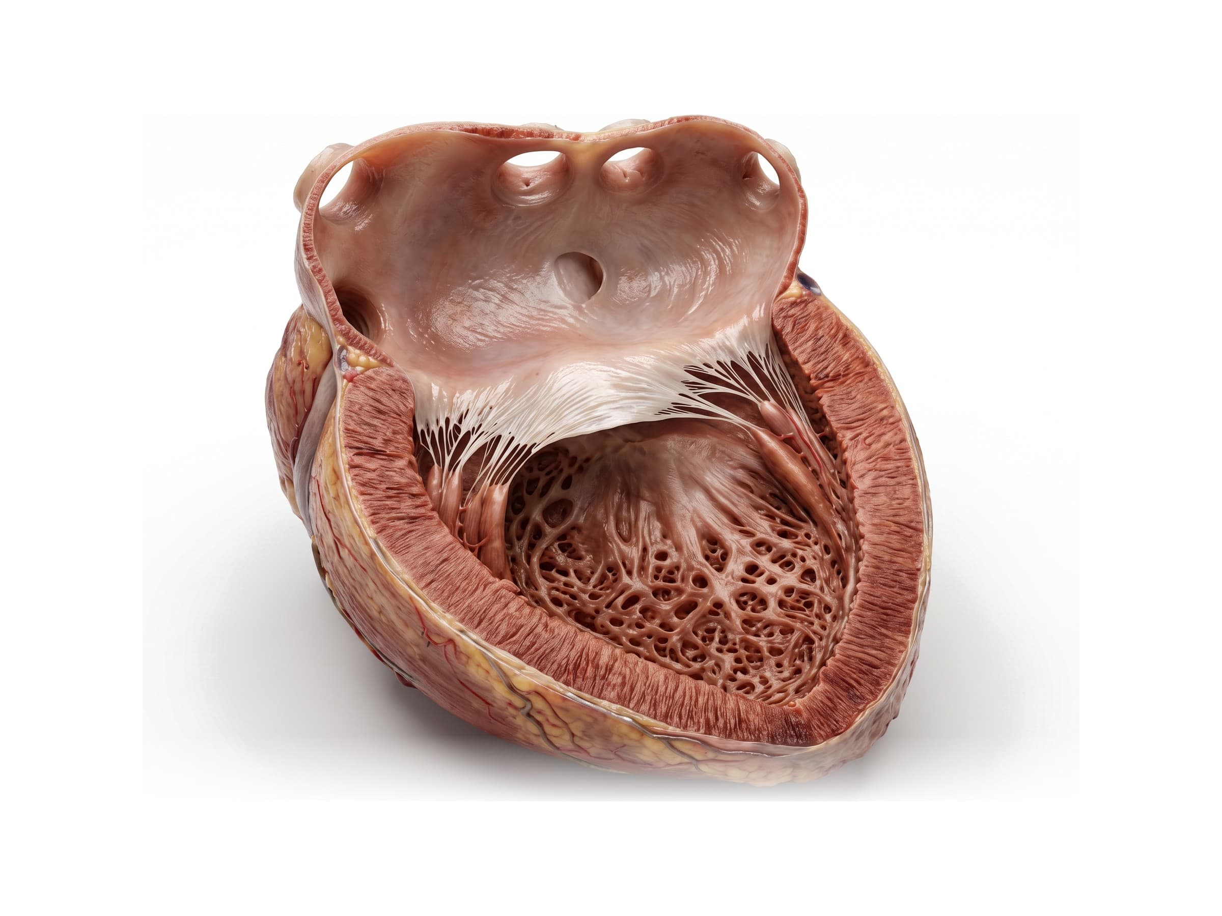 Left atrium and mitral valve opened, with chordae tendineae and the thick left ventricle wall