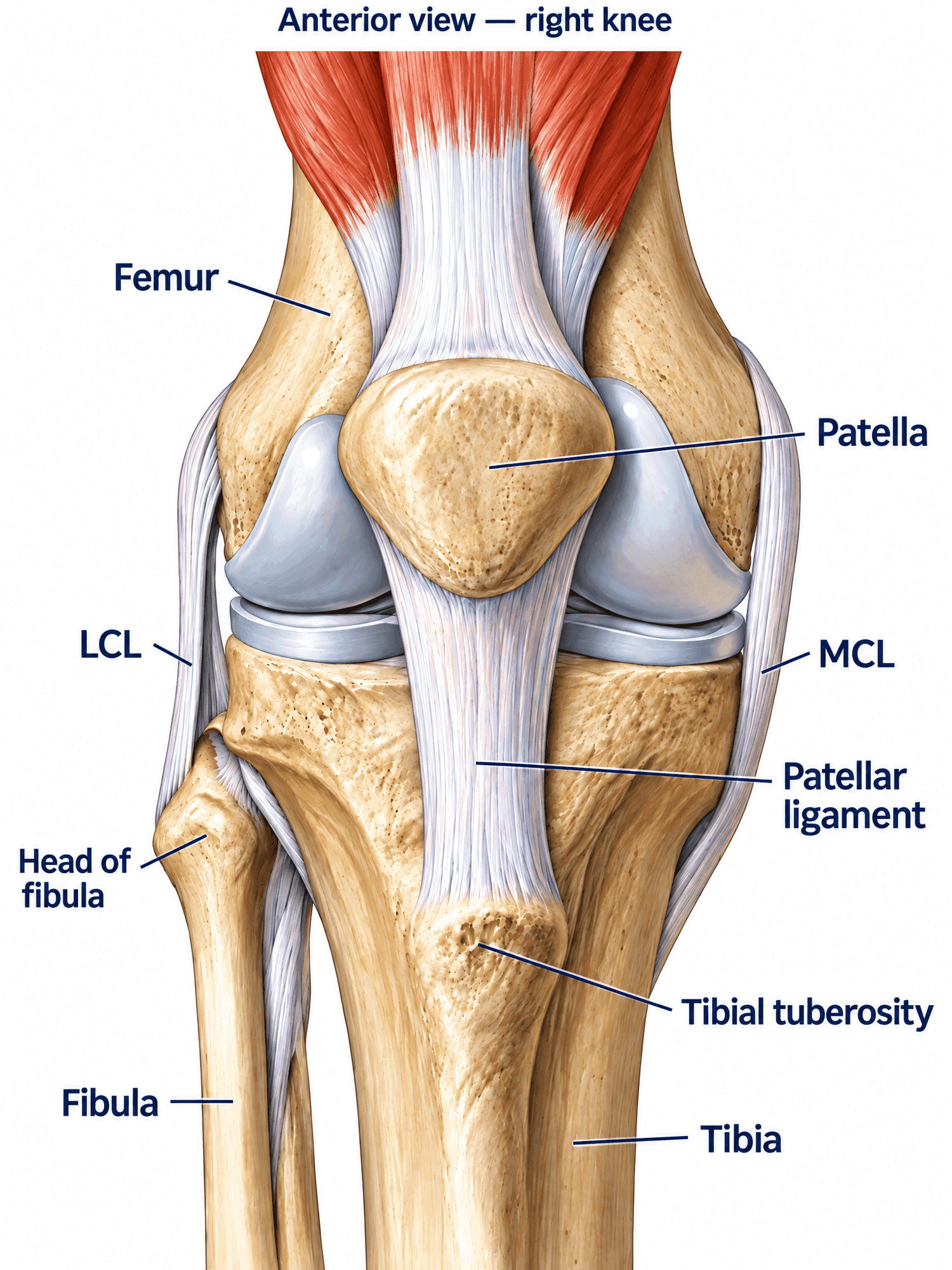 Anterior view of the right knee showing the femur, patella, tibia, fibula, head of fibula, tibial tuberosity, patellar ligament, MCL, and LCL