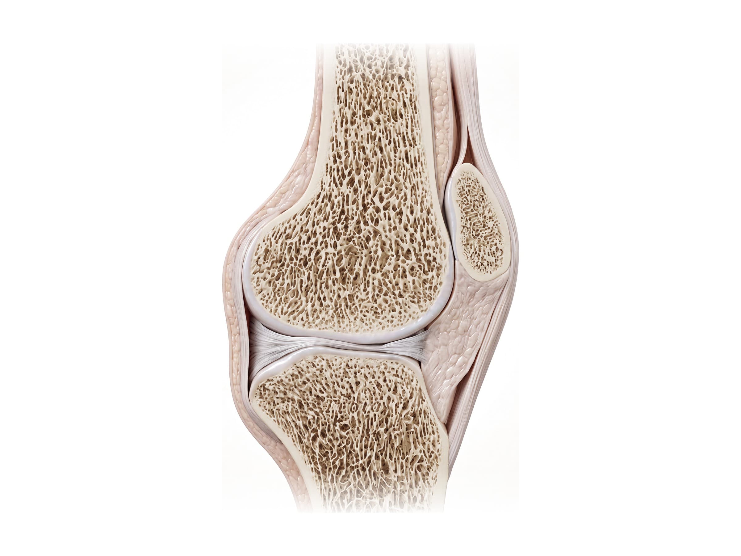 Knee joint in sagittal section (right knee): femur, patella, tibia, patellar tendon and fat pad