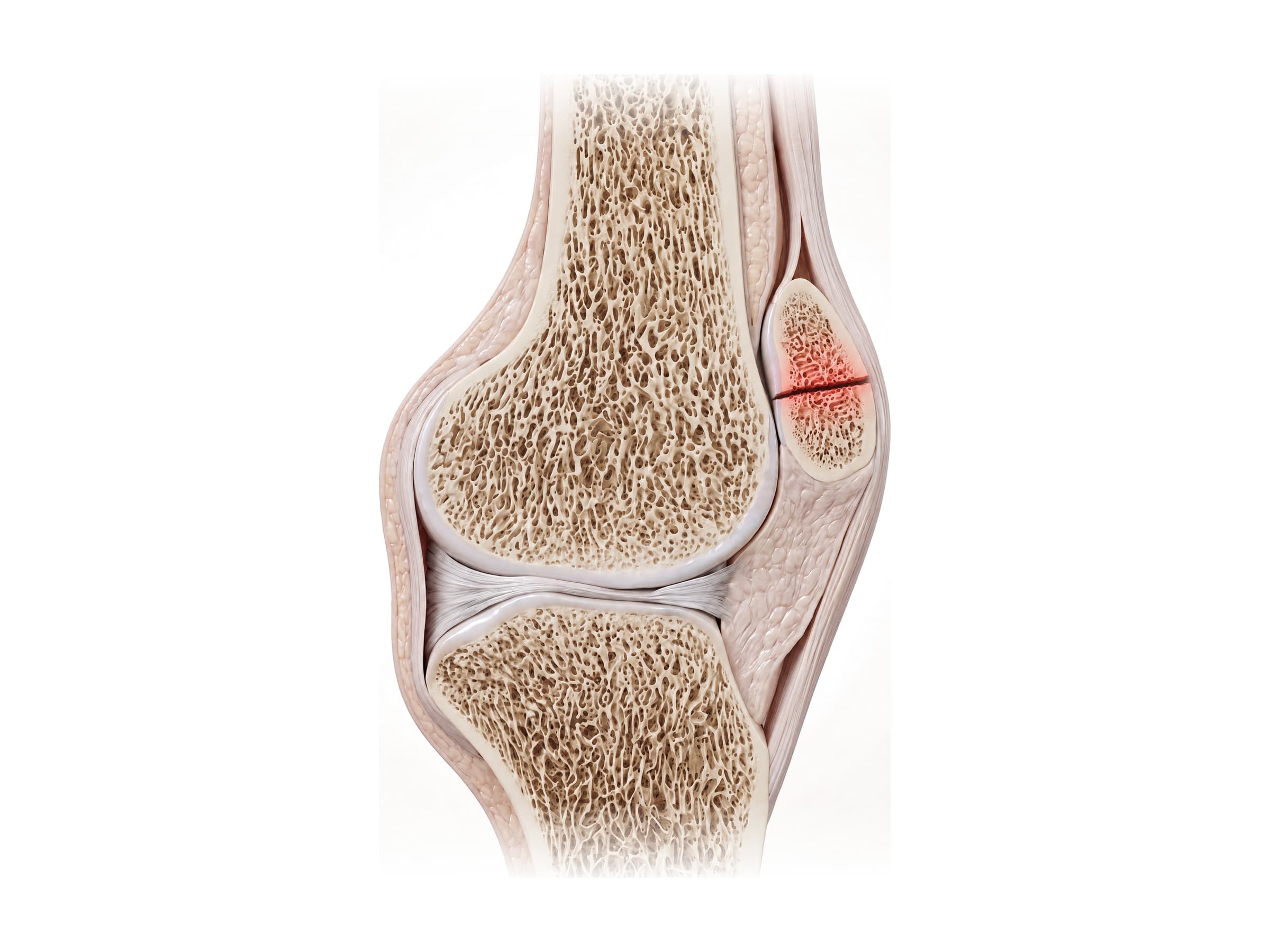 Patella fracture (right knee, sagittal section): transverse break through the kneecap