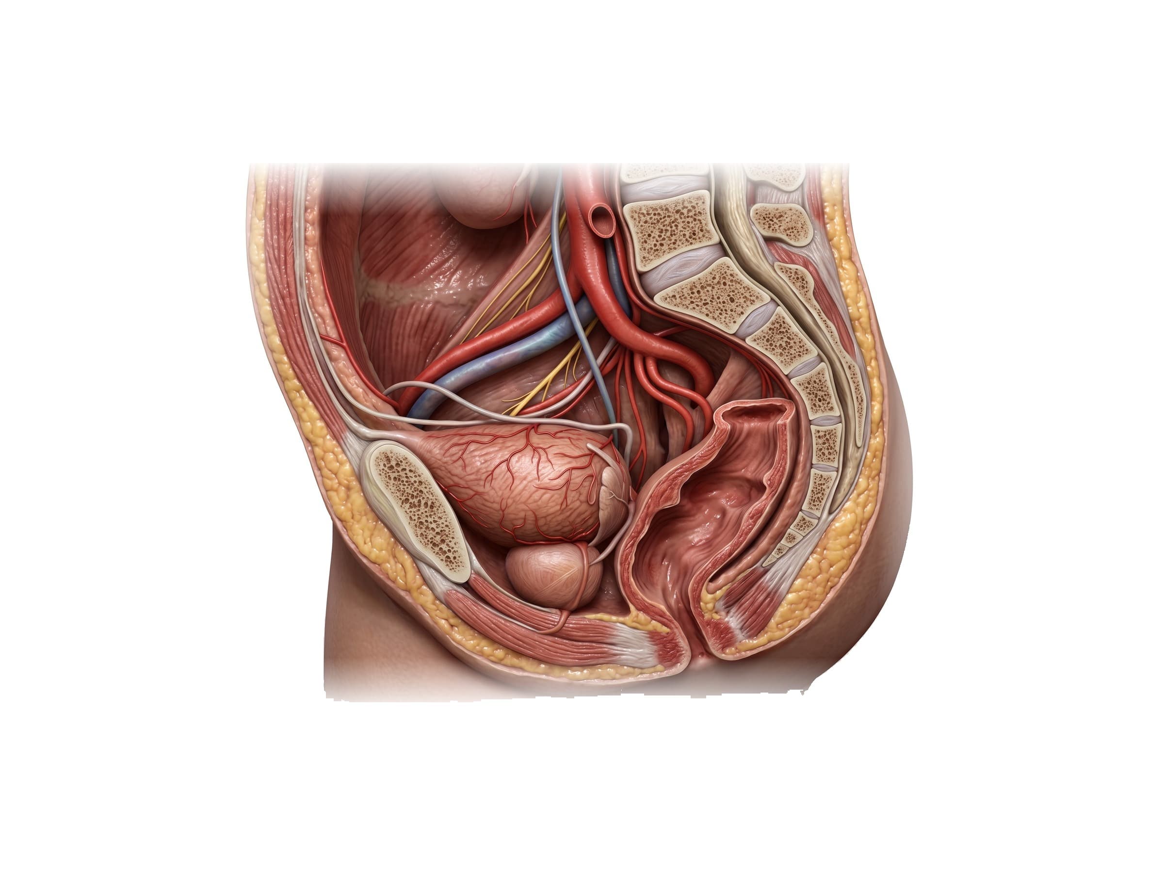 Male pelvis arteries (right half, inside view): iliac arteries, ureter, vas deferens, bladder, prostate and rectum