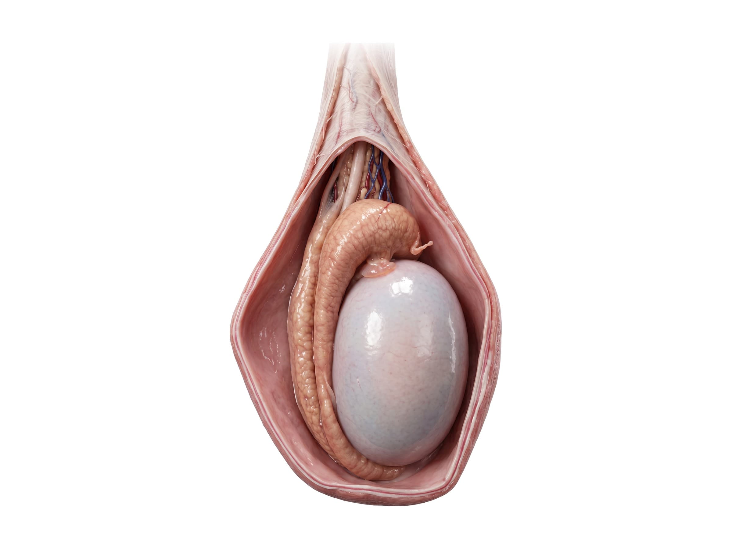 Testicle diagram (right testis, side view): epididymis head, body and tail, appendices and spermatic cord