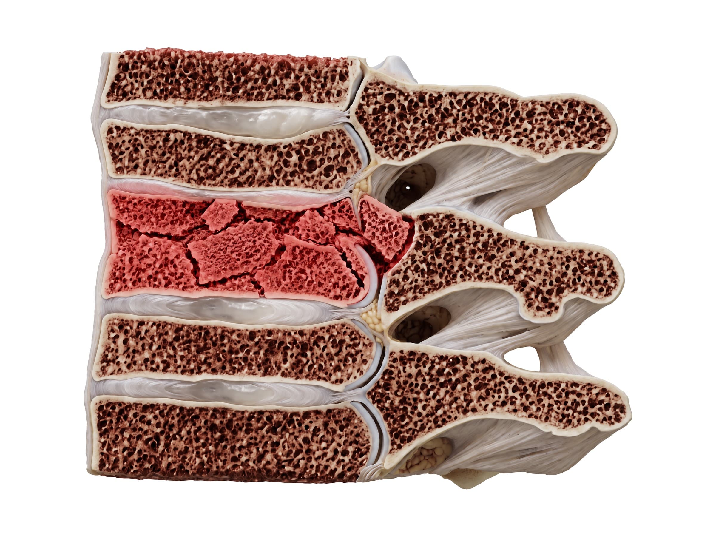 Thoracic burst fracture (section view): vertebral body broken into fragments, shown in red