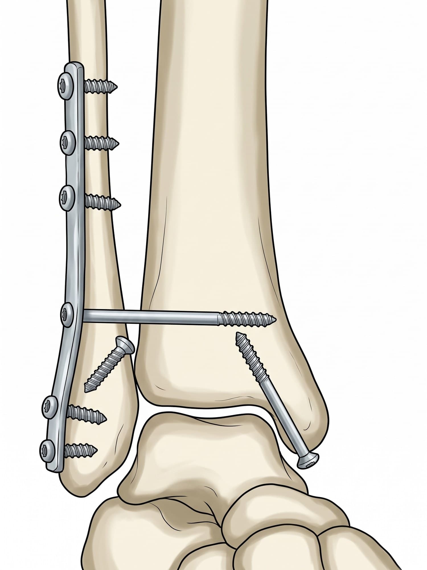 Ankle fracture ORIF X-ray and illustration (AP view, right ankle): plate and screws on the fibula, a syndesmosis screw and a medial malleolus screw