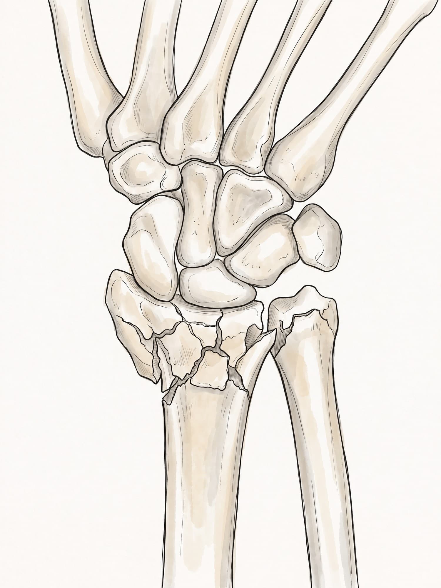Colles fracture X-ray and illustration (PA view): comminuted distal radius fracture with an ulnar styloid fracture