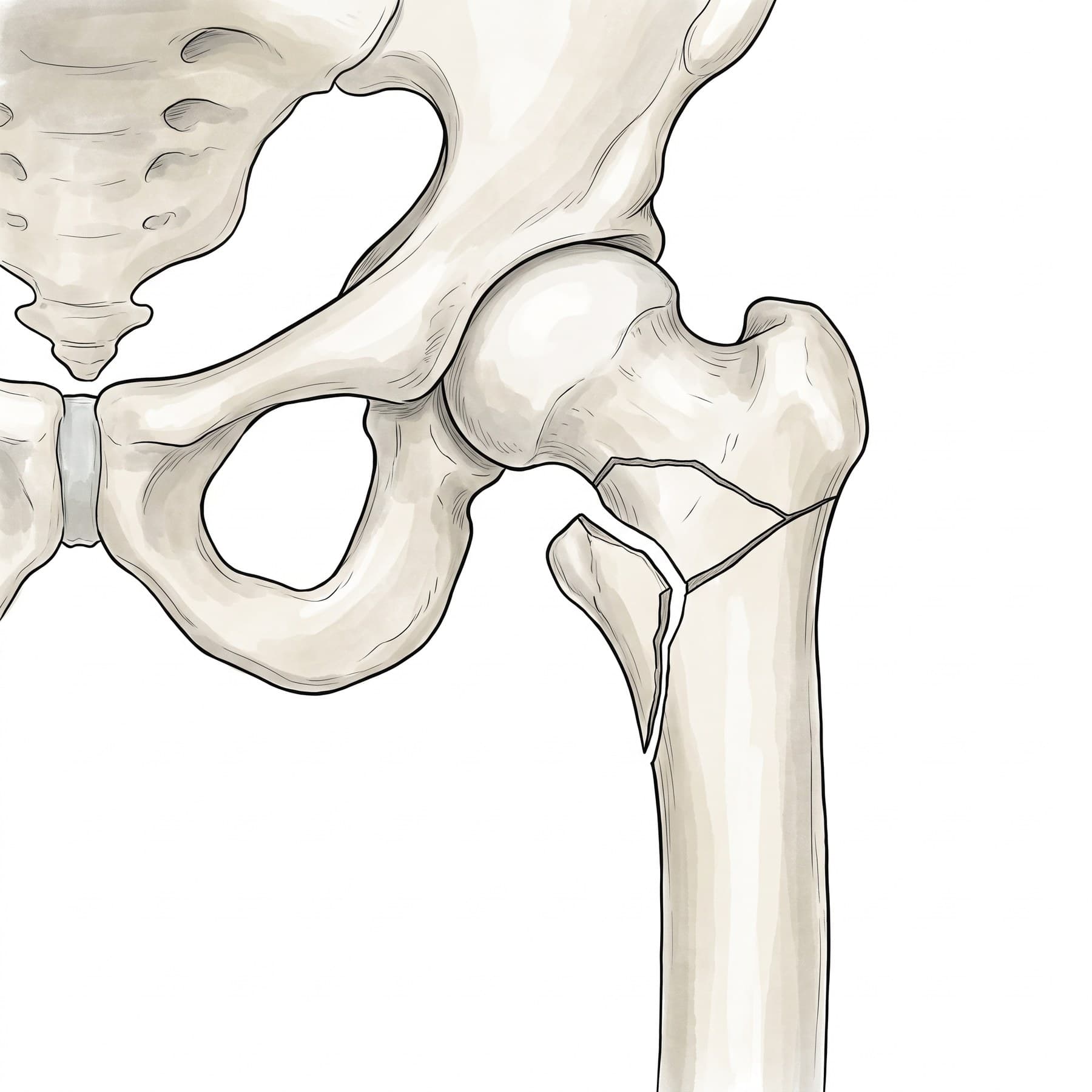Comminuted fracture X-ray and illustration: comminuted intertrochanteric fracture of the left hip broken into several fragments