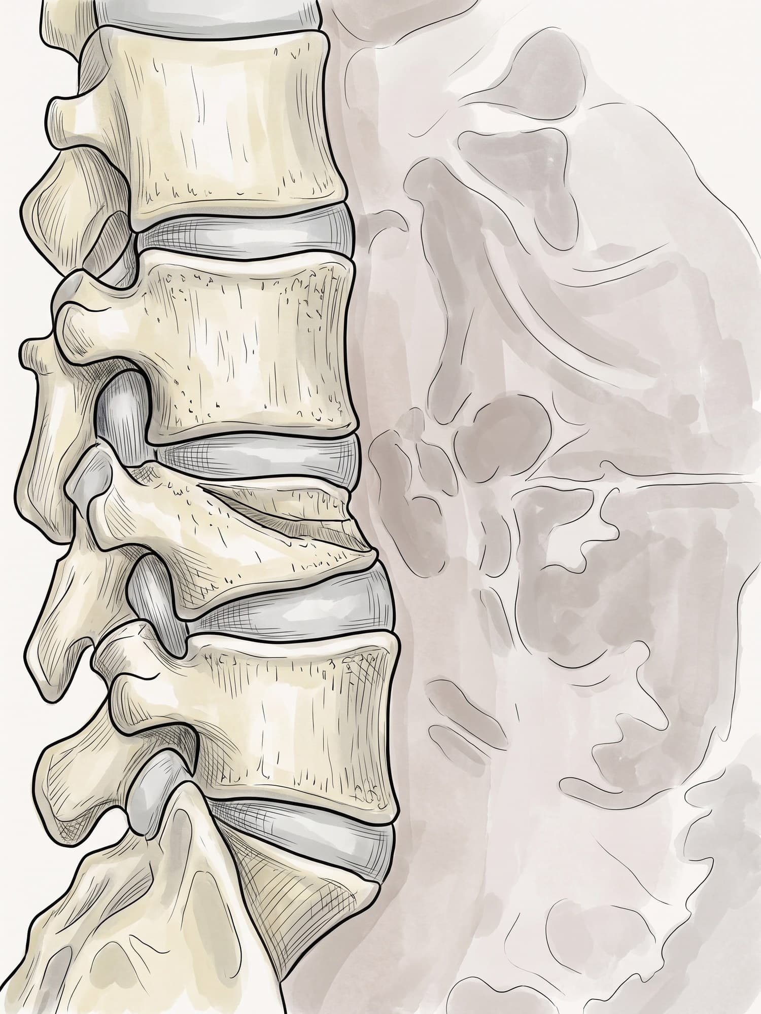 Compression fracture X-ray and illustration (side view): L4 vertebral body collapsed into a wedge