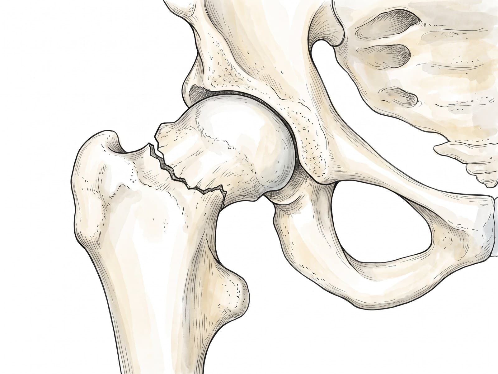 Hip fracture X-ray and illustration (AP view, right hip): displaced subcapital femoral neck fracture just below the femoral head