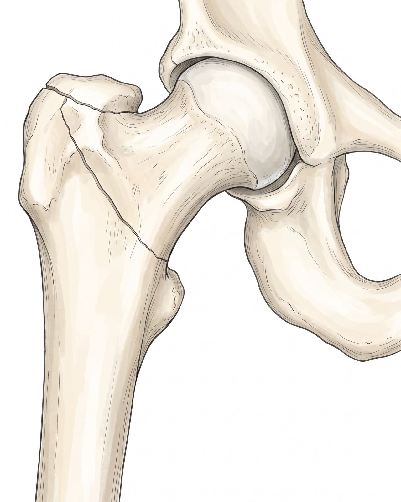 Intertrochanteric hip fracture illustration (AP view, right hip): non-displaced fracture running from the greater to the lesser trochanter