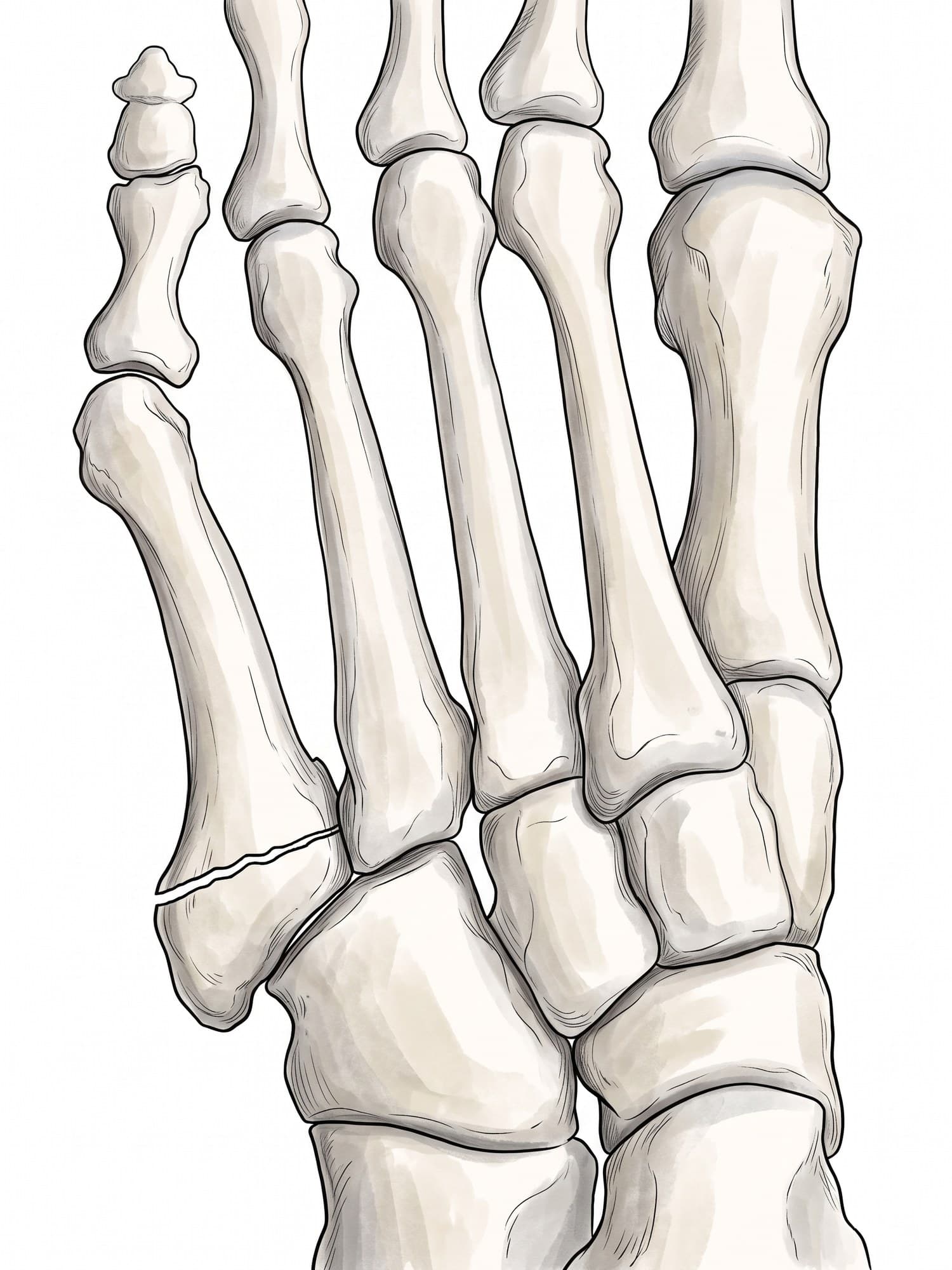 Jones fracture X-ray and illustration (oblique view of the foot): transverse fracture at the base of the fifth metatarsal