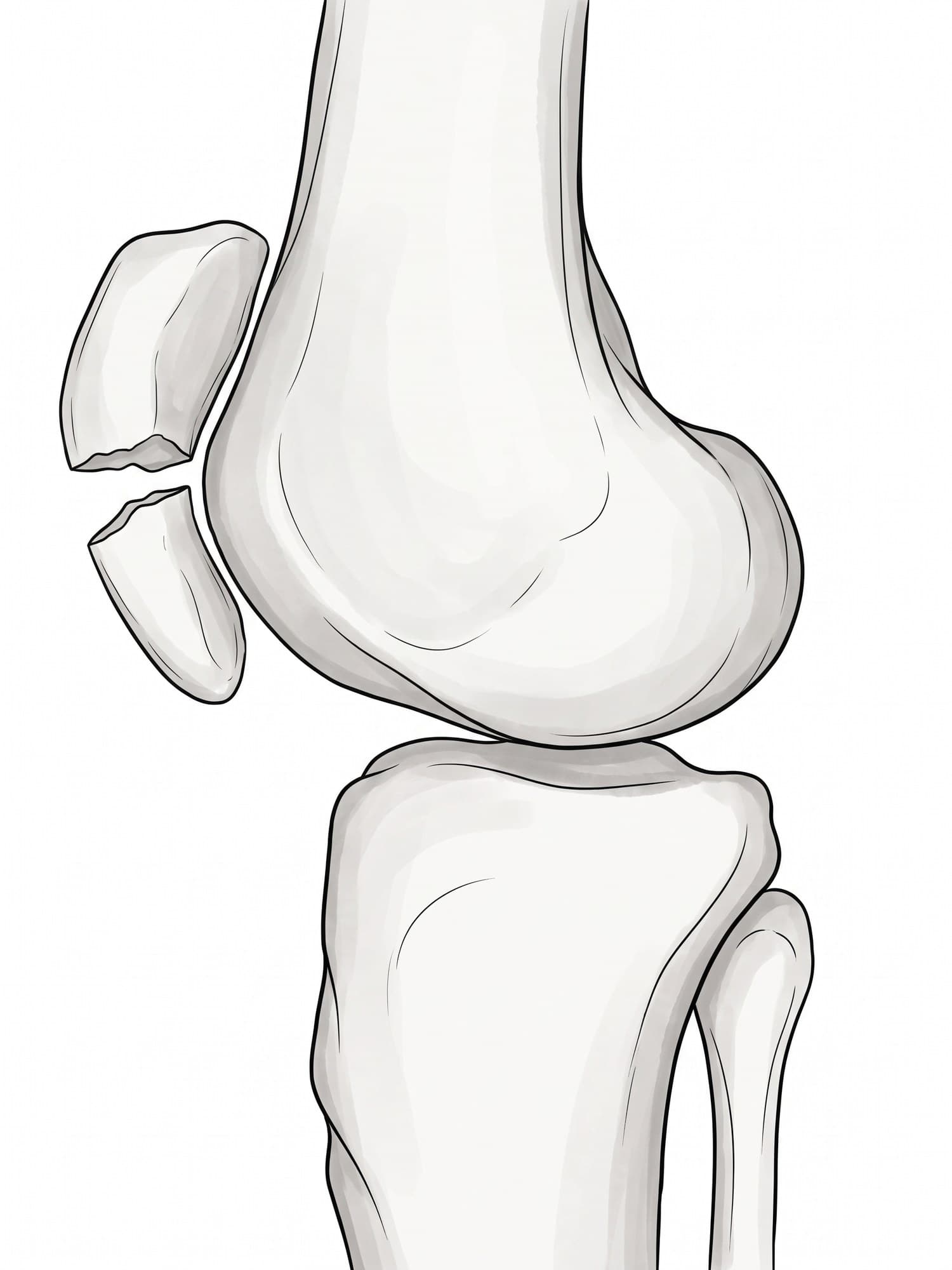 Patella fracture X-ray and illustration (side view): transverse fracture splitting the kneecap into upper and lower fragments