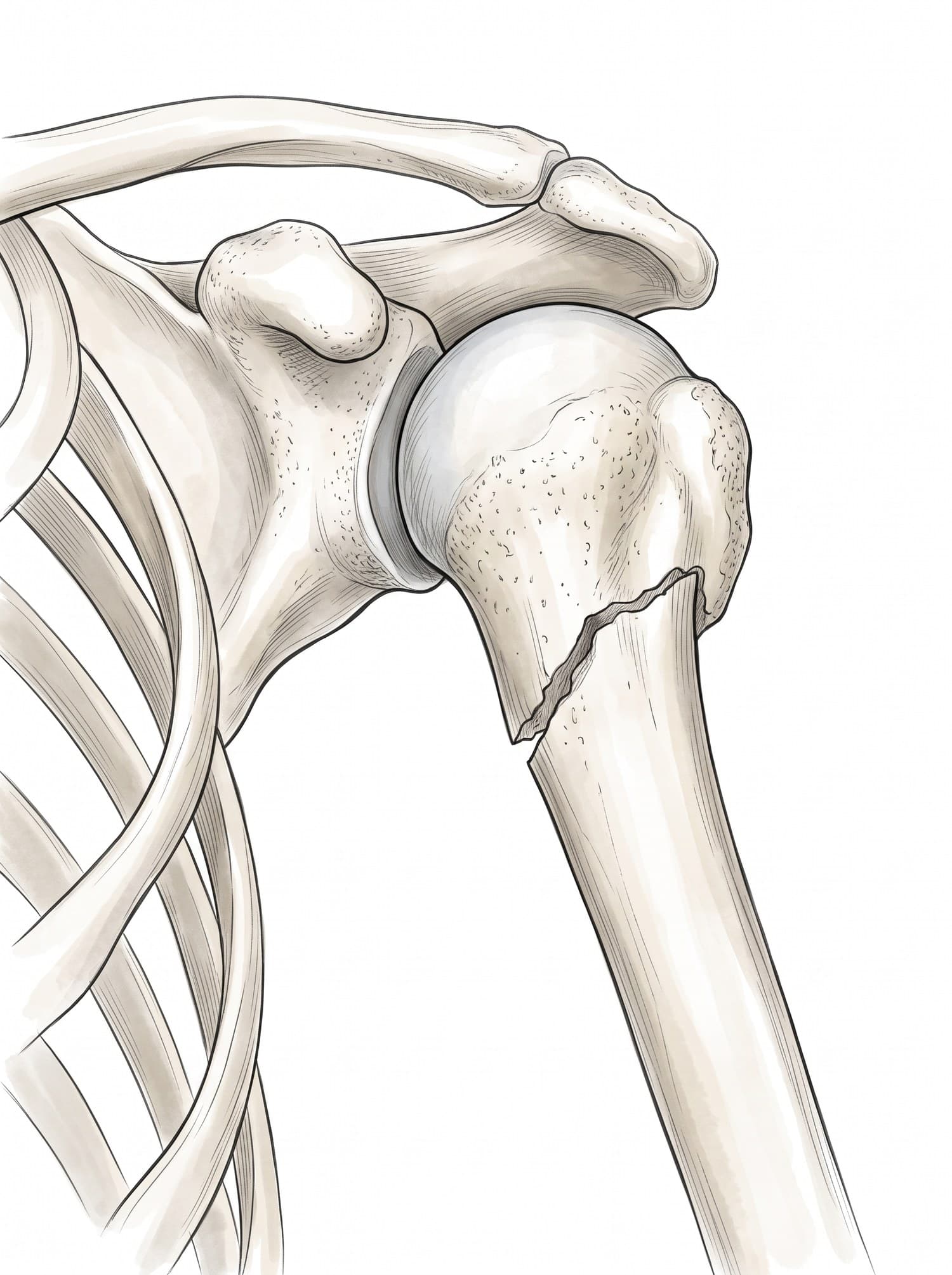 Proximal humerus fracture X-ray and illustration (AP view of the shoulder): displaced surgical neck fracture of the humerus