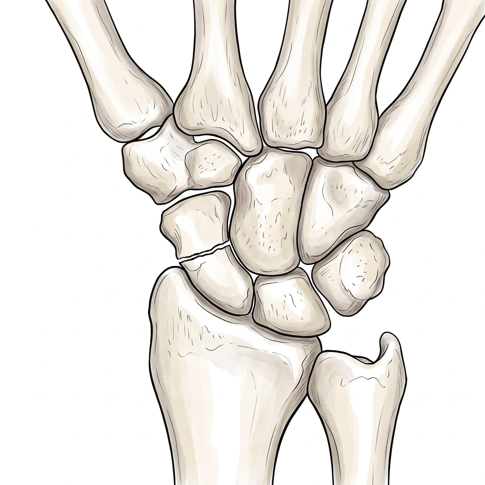Scaphoid fracture X-ray and illustration (PA view, right wrist): non-displaced fracture across the waist of the scaphoid