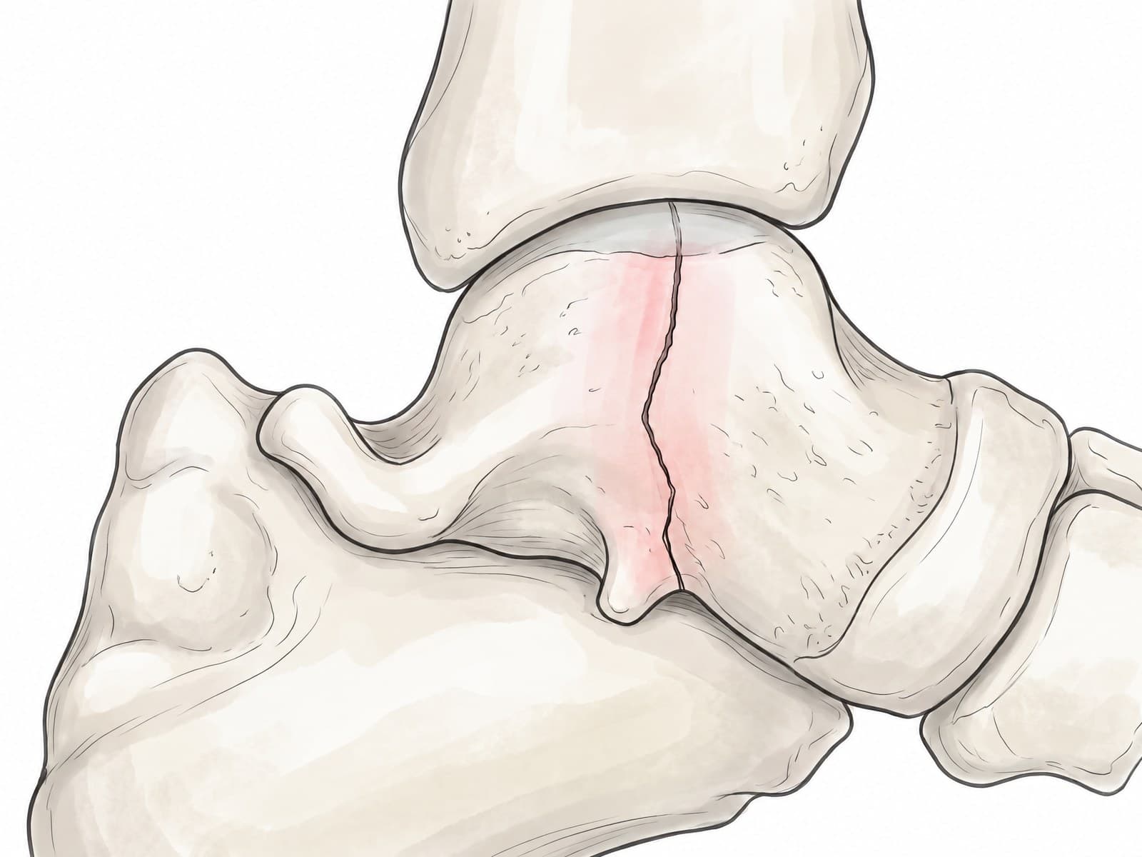 Stress fracture MRI and illustration (side view of the ankle): thin fracture line through the talus with surrounding bone marrow edema
