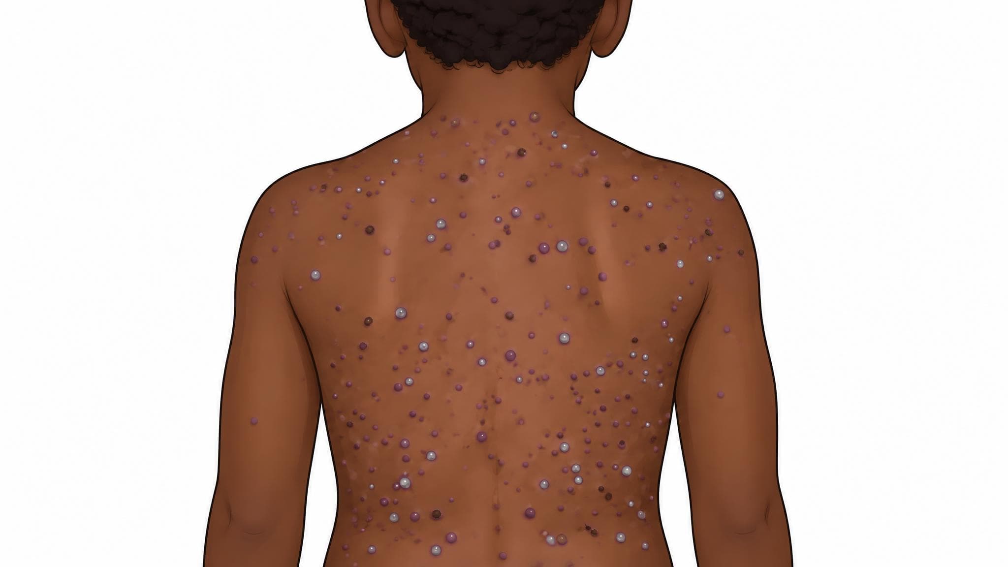 Medical illustration of chickenpox on a Black child's back, showing scattered clear fluid-filled blisters on purple rings, solid purple bumps and dark crusted scabs at the same time.
