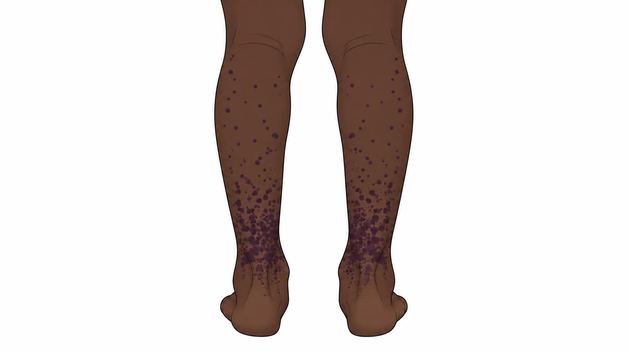 Medical illustration of Henoch-Schonlein purpura on the back of a Black child's lower legs, with dark purple spots on both legs that cluster most densely around the ankles and lower calves.