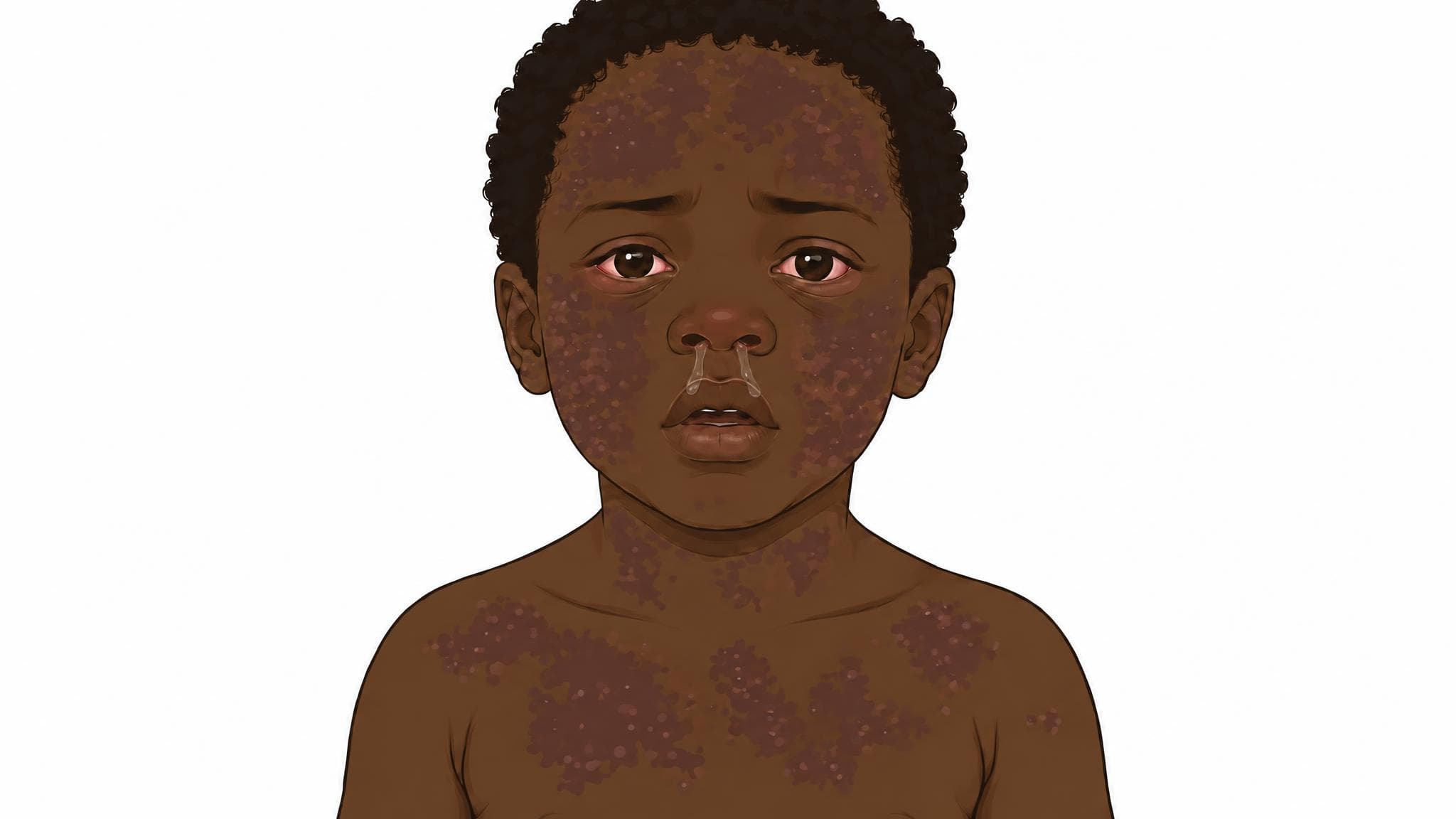 Medical illustration of measles on a Black child's face, neck and chest, with blotchy darker patches that merge together on the forehead and cheeks, red watery eyes and a runny nose.