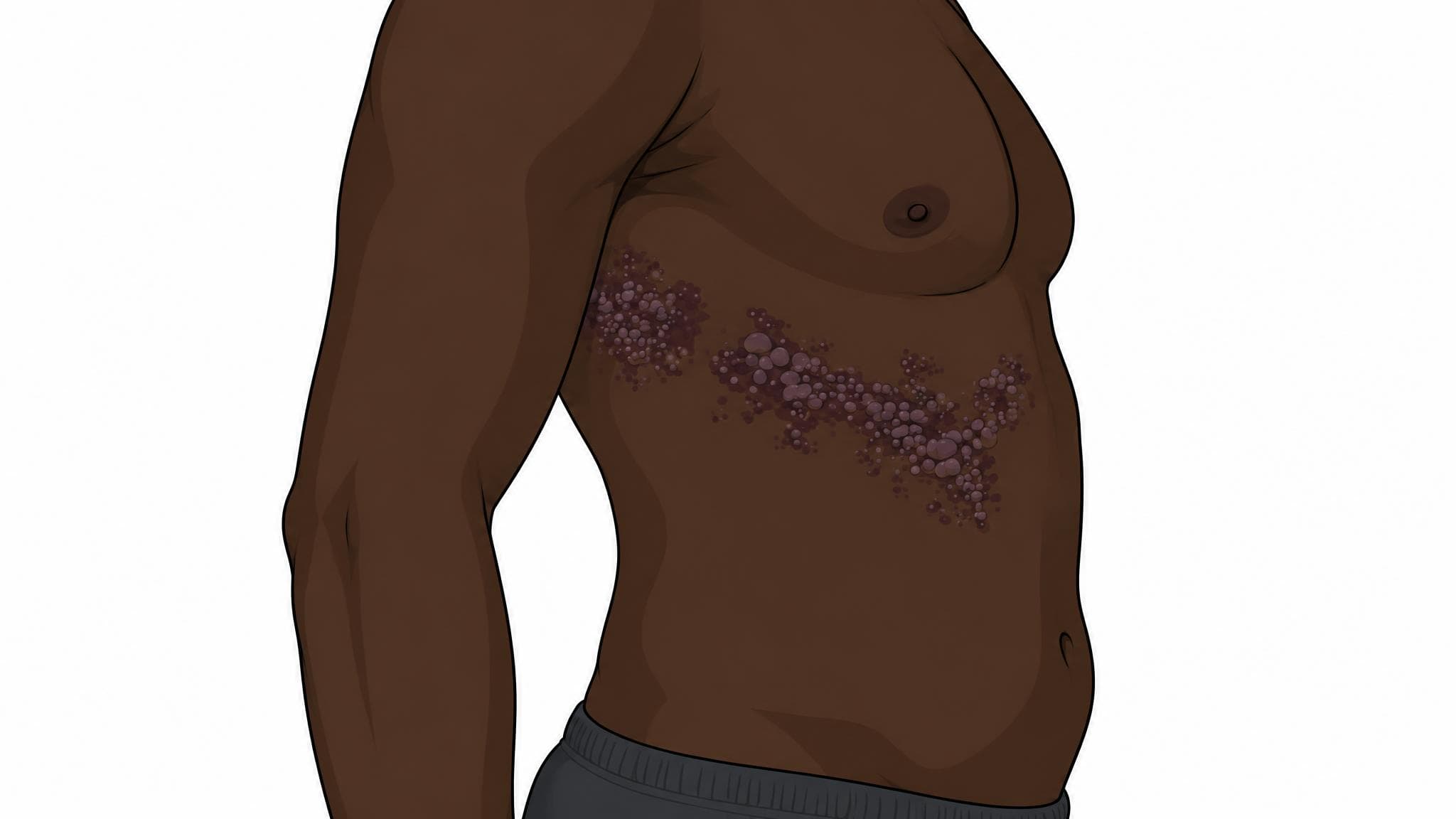 Medical illustration of shingles on a Black adult's torso, showing clusters of blisters on a dark violet-brown base in a single band wrapping around one side of the chest.