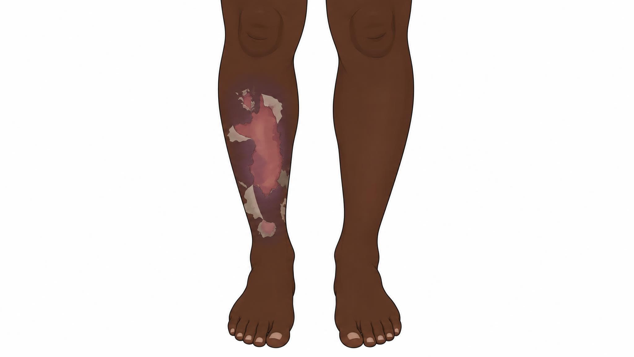 Medical illustration of skin sloughing on the shin of an adult with dark skin, showing pale detached flaps of the outer skin layer peeling away to expose moist pink skin underneath.