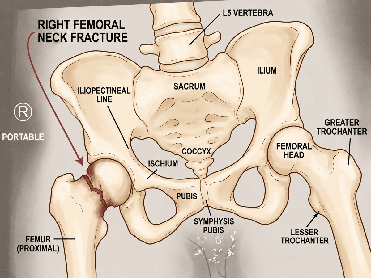 Labeled medico legal illustration of a right femoral neck fracture with pelvis anatomy