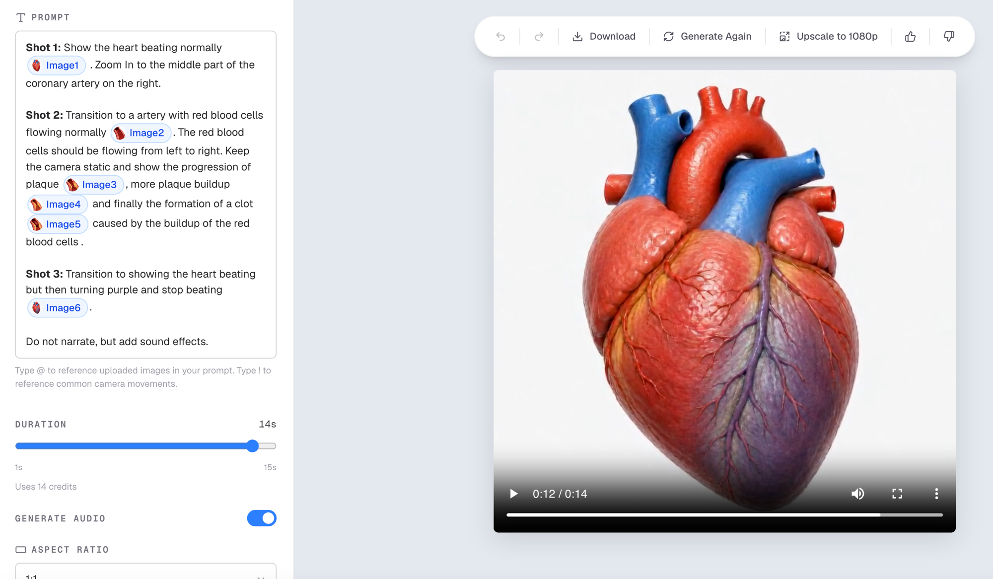 A multi-shot prompt describing three sequential shots of a heart — normal beating, clot formation in an artery, then the heart turning purple and stopping — alongside the resulting generated video